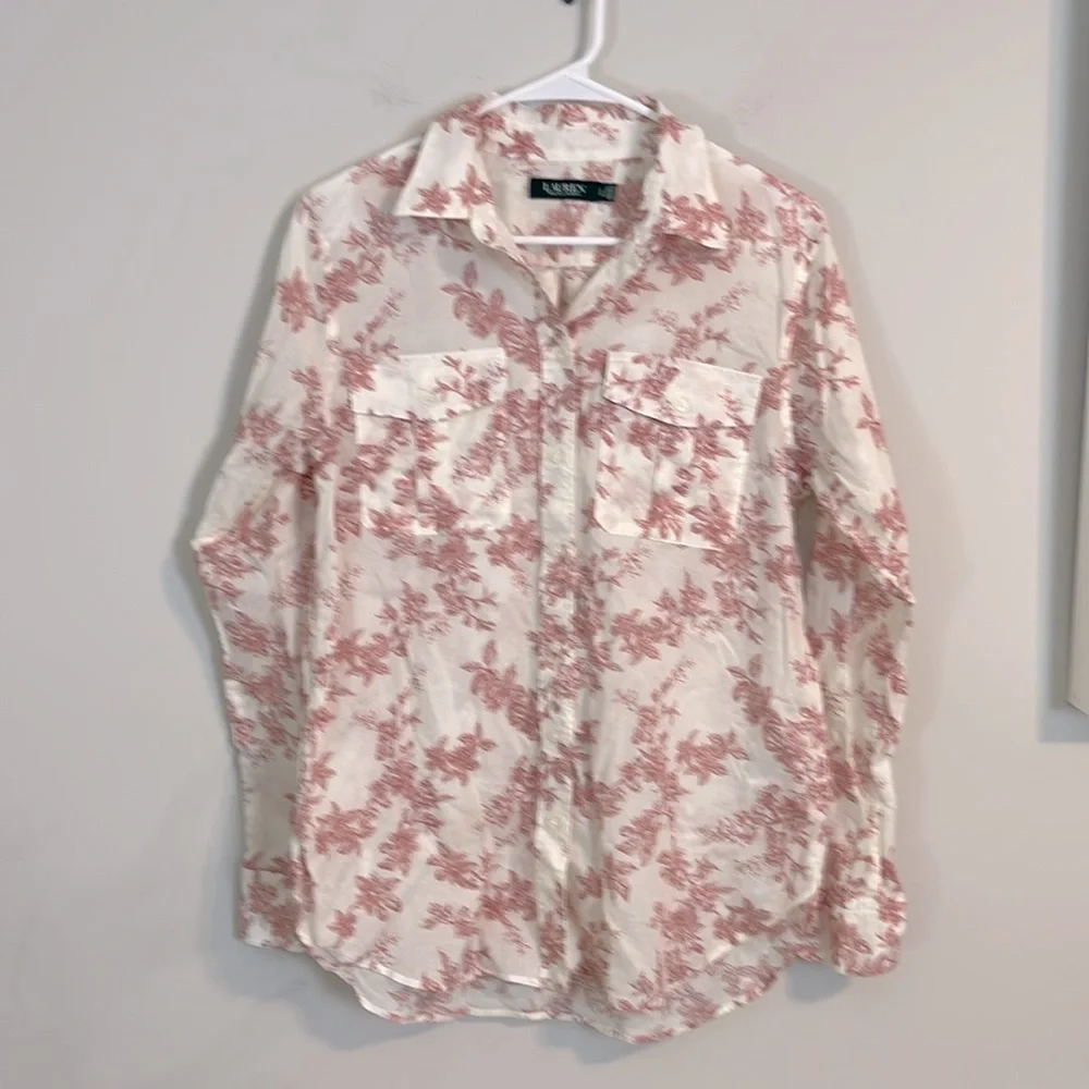 Lauren Ralph Lauren White and Pink Floral Button Down Shirt - Picture 1 of 7